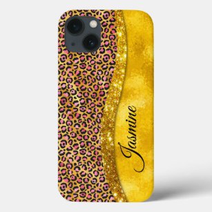 Chic faux gold glitter pink animal print Monogram iPhone 13 Case