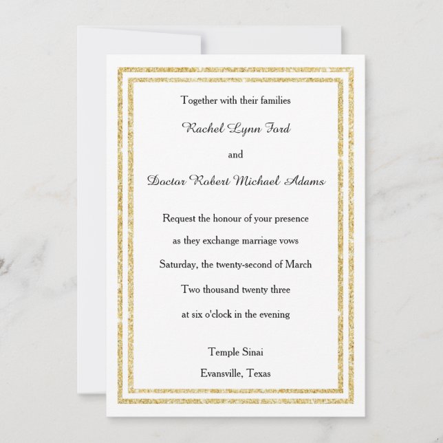 Chic Faux Gold Glittered Trim - 5x7 Wedding Invite (Front)
