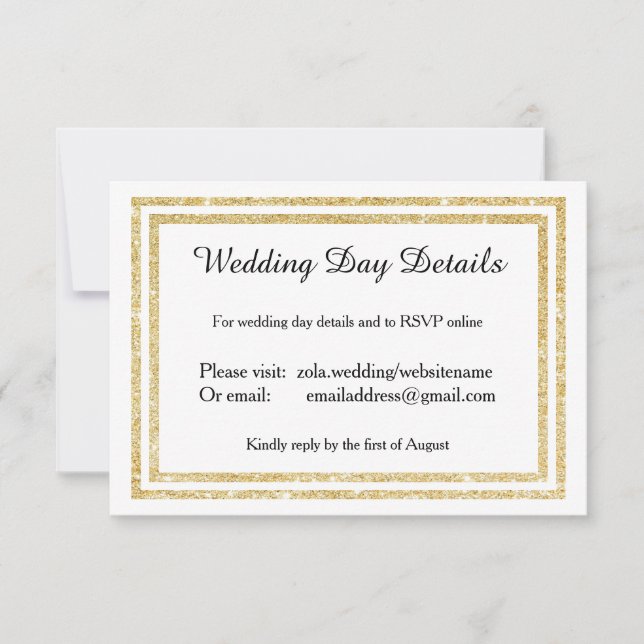 Chic Faux Gold Glittered Trim -Wedding Day Details RSVP Card (Front)