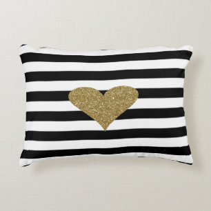 Chic Faux Gold Glittery  Heart Black White Stripes Decorative Cushion