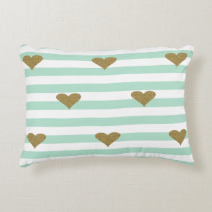 Chic Faux Gold Glittery Hearts Mint Green Stripes Decorative Cushion