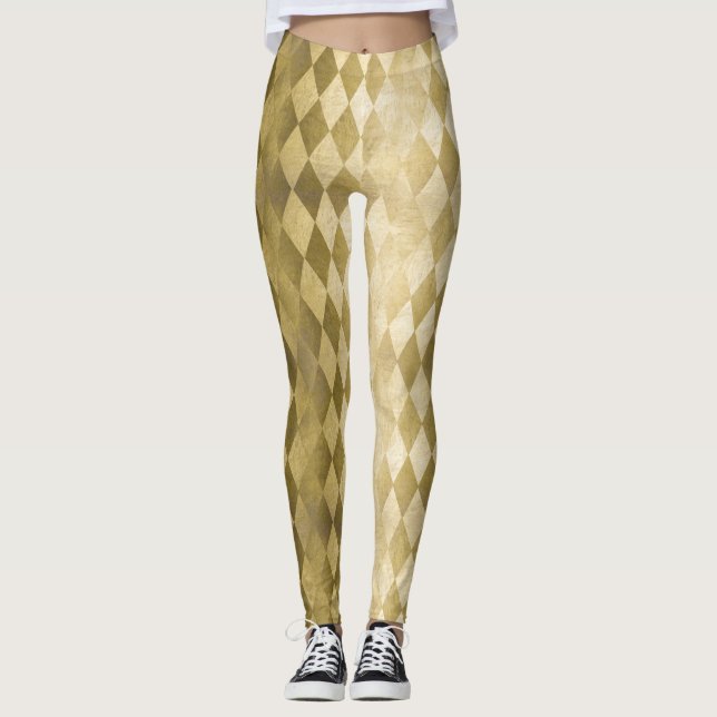 Chic Faux Gold Harlequin Diamond Pattern Leggings (Front)