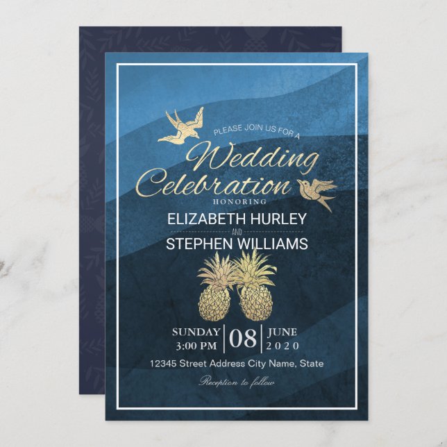Chic Faux Gold Pineapple Couple Blue Wave Wedding  Invitation (Front/Back)