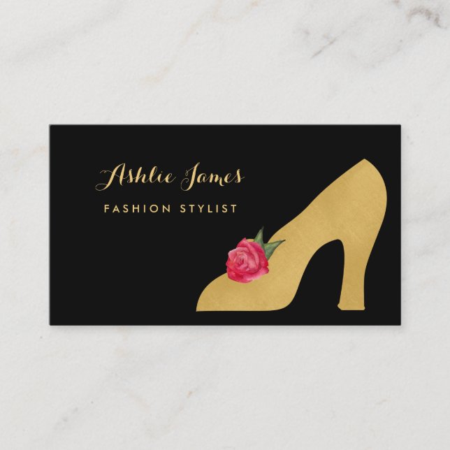 Chic Faux Gold Shoe With Red Rose Fashion Stylist Business Card (Front)