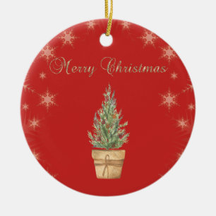 Chic Faux Gold Snowflakes,Christmas Tree Red  Ceramic Ornament