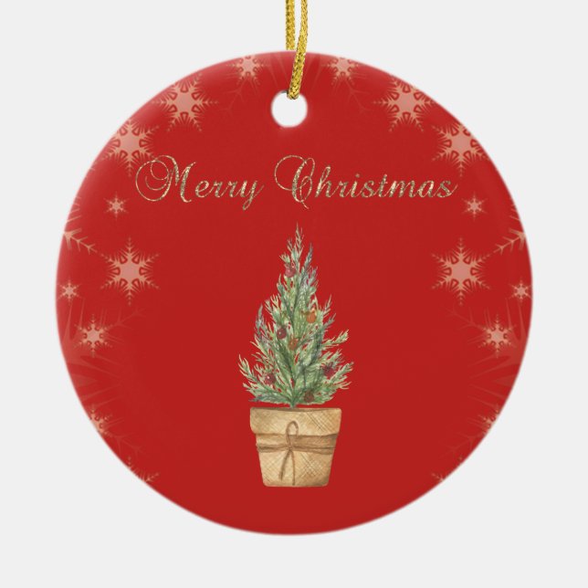 Chic Faux Gold Snowflakes,Christmas Tree Red  Ceramic Ornament (Front)