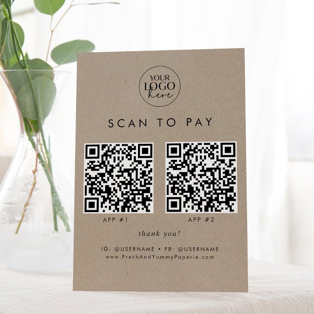 Chic Faux Kraft Business Logo 2 Apps Scan To Pay Pedestal Sign (Creator Uploaded)
