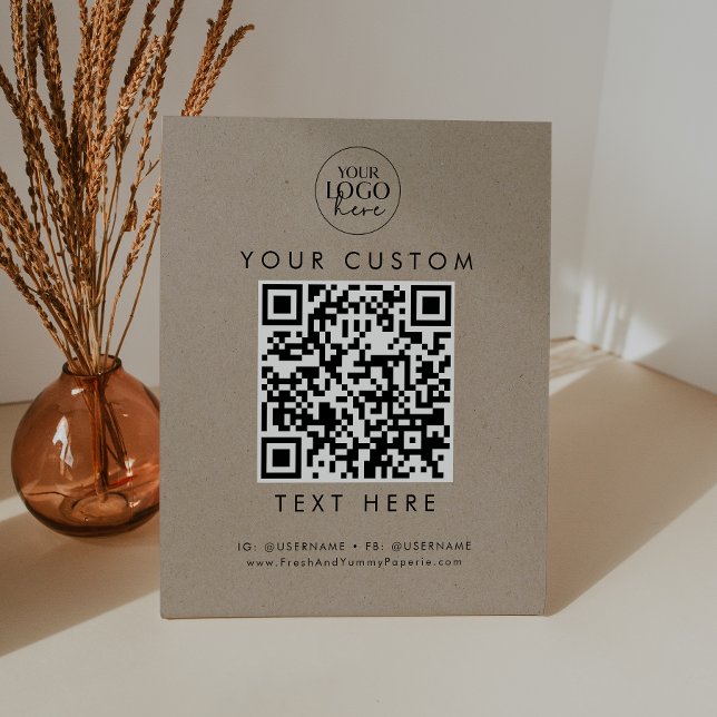 Chic Faux Kraft Business Logo Custom QR Code Pedestal Sign (Creator Uploaded)