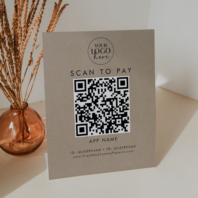 Chic Faux Kraft Business Logo Scan To Pay Pedestal Sign (Creator Uploaded)