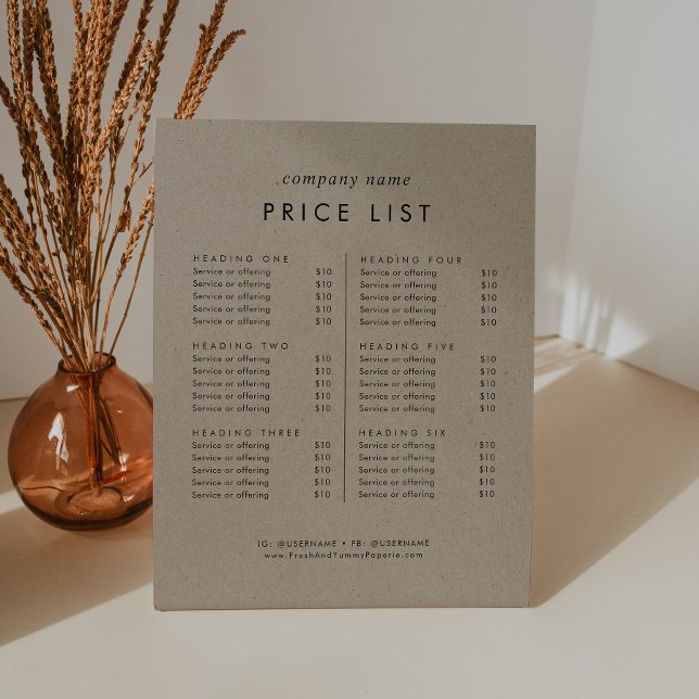 Chic Faux Kraft Business Services Price List Pedestal Sign (Creator Uploaded)