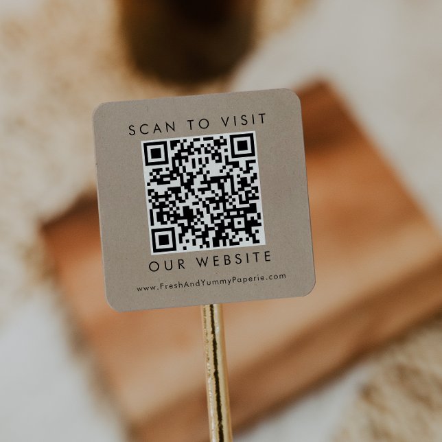 Chic Faux Kraft Business Wedding Website QR Code Square Sticker (Creator Uploaded)