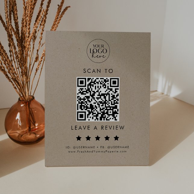Chic Faux Kraft Logo QR Code Leave A Review Pedestal Sign (Creator Uploaded)