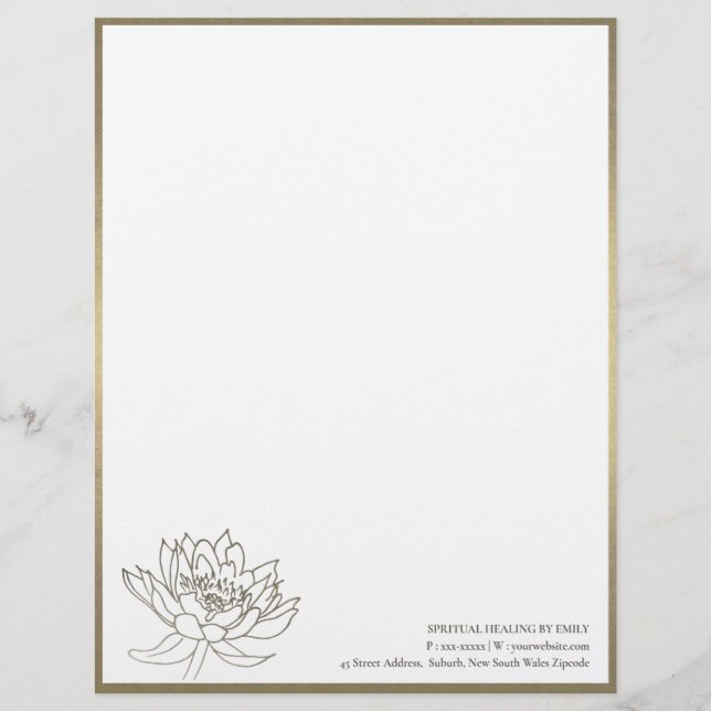 CHIC FAUX PALE GOLD SILVER LOTUS FLORAL BUSINESS CUSTOM LETTERHEAD (Front)