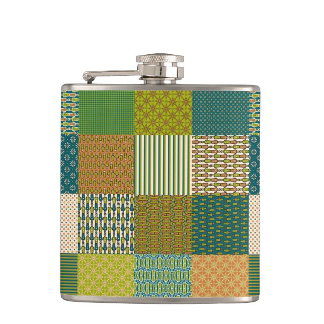 Chic Faux Patchwork, Earth Colours, Hip Flask (Front)