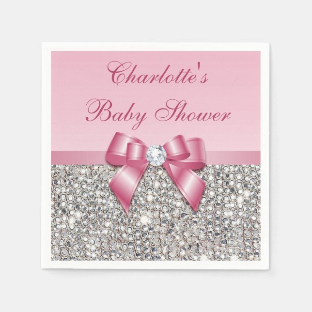 Chic Faux Pink Bow Silver Sequins Baby Shower Napkin (Front)