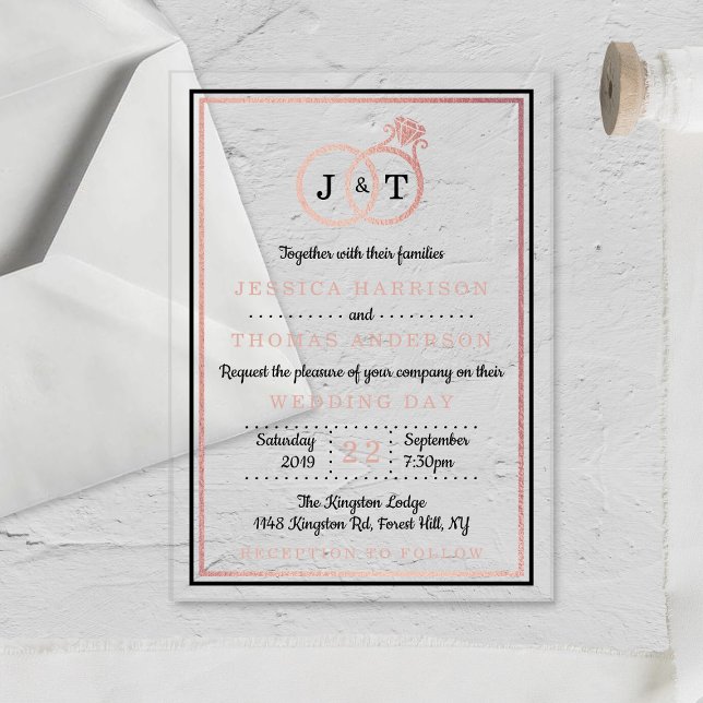 Chic Faux Rose Gold Foil Monogram Wedding Rings Acrylic Invitations (Creator Uploaded)