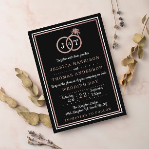 Chic Faux Rose Gold Foil Monogram Wedding Rings Invitation
