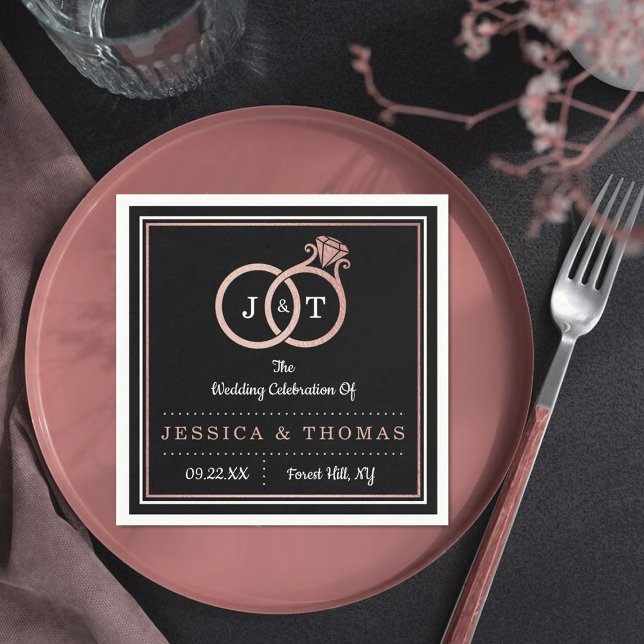 Chic Faux Rose Gold Foil Monogram Wedding Rings Napkin (Creator Uploaded)