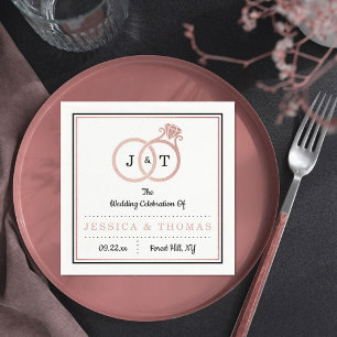 Chic Faux Rose Gold Foil Monogram Wedding Rings Napkin