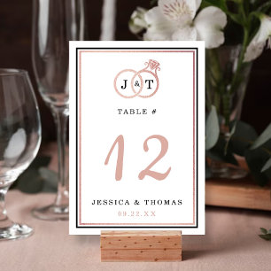 Chic Faux Rose Gold Foil Monogram Wedding Rings Table Number