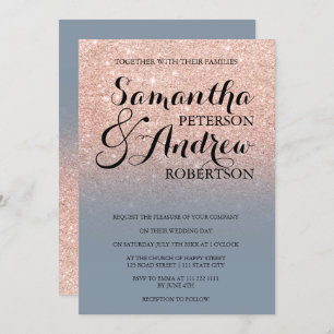 Chic faux rose gold glitter dusty blue wedding invitation
