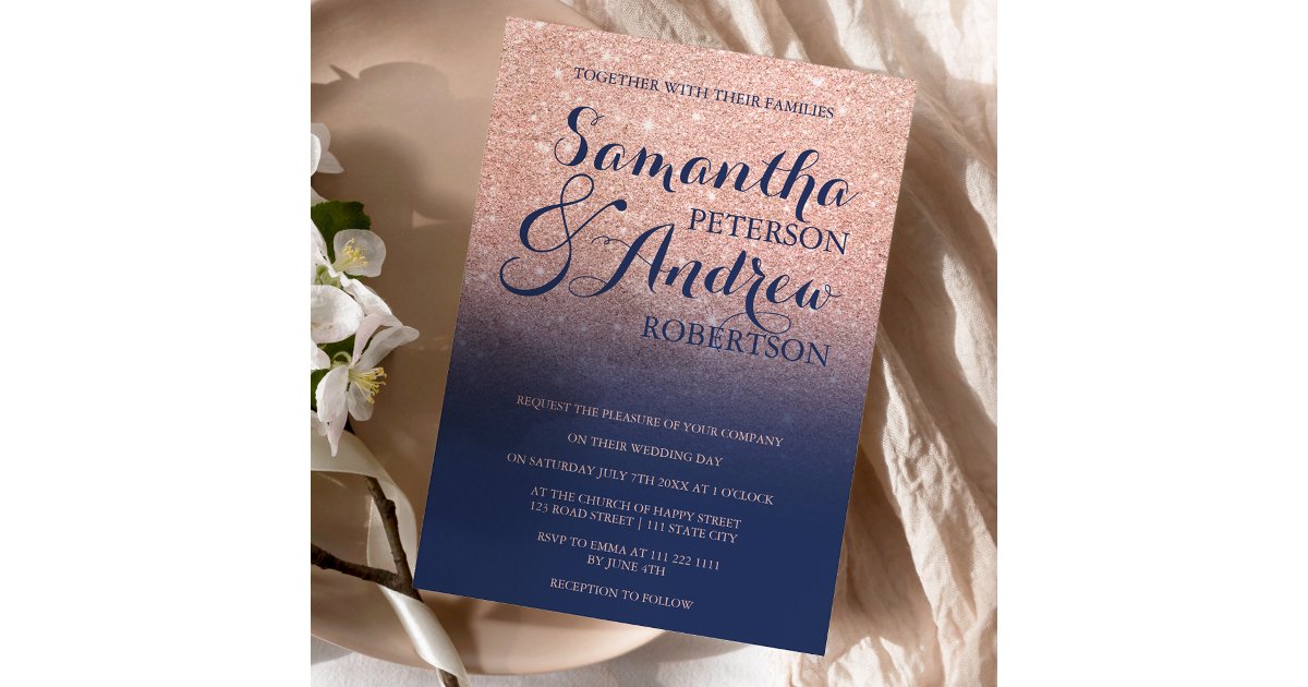 Chic faux rose gold glitter navy blue wedding invitation | Zazzle