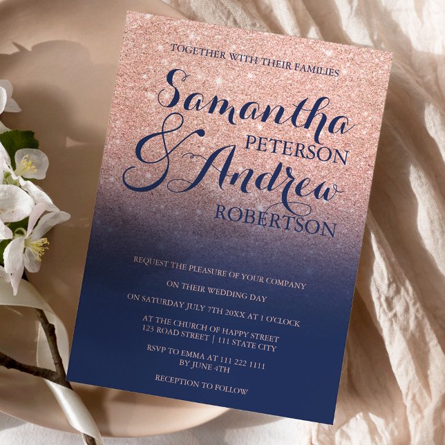 Chic faux rose gold glitter navy blue wedding invitation (Creator Uploaded)