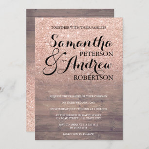 Chic faux rose gold glitter rustic wood wedding invitation
