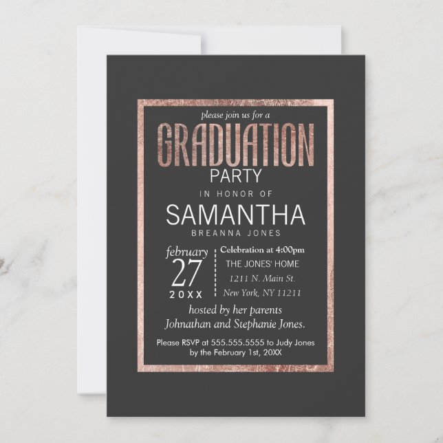 Chic Faux Rose Gold Graduation Party Invitations (Front)