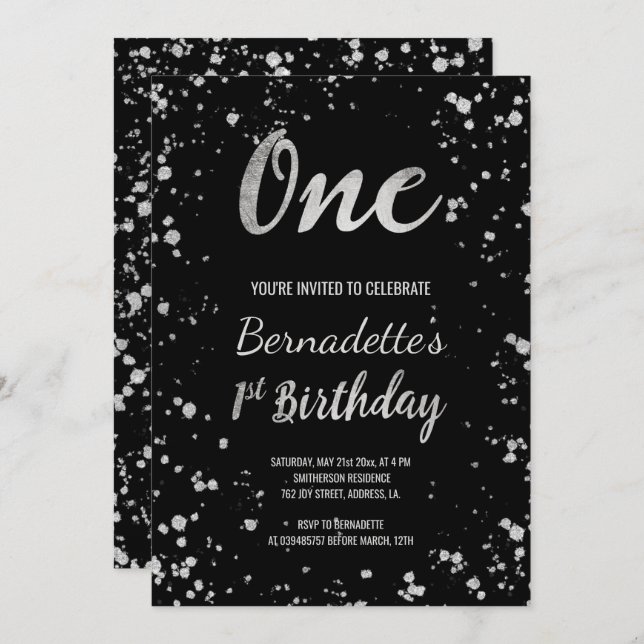 Chic faux silver confetti splatters first Birthday Invitation (Front/Back)