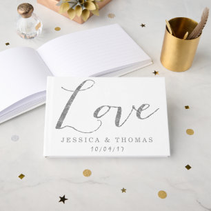 Chic Faux Silver Foil Love Custom Wedding Love Guest Book