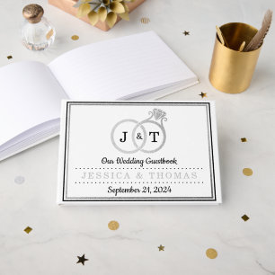 Chic Faux Silver Foil Monogram Wedding Rings Guest Book
