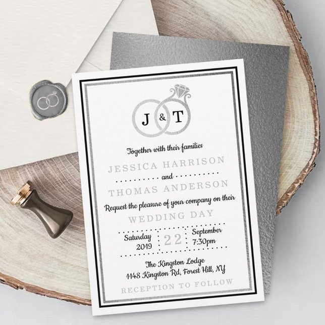 Chic Faux Silver Foil Monogram Wedding Rings Invitation (Creator Uploaded)