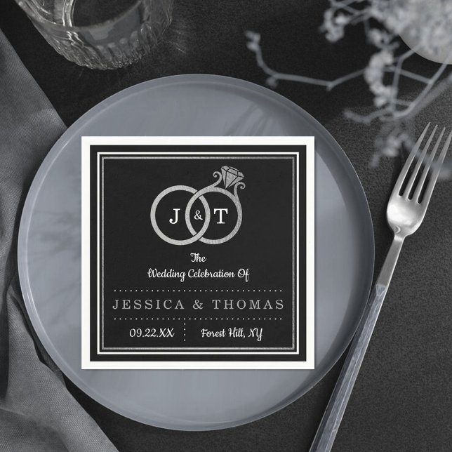 Chic Faux Silver Foil Monogram Wedding Rings Napkin (Creator Uploaded)