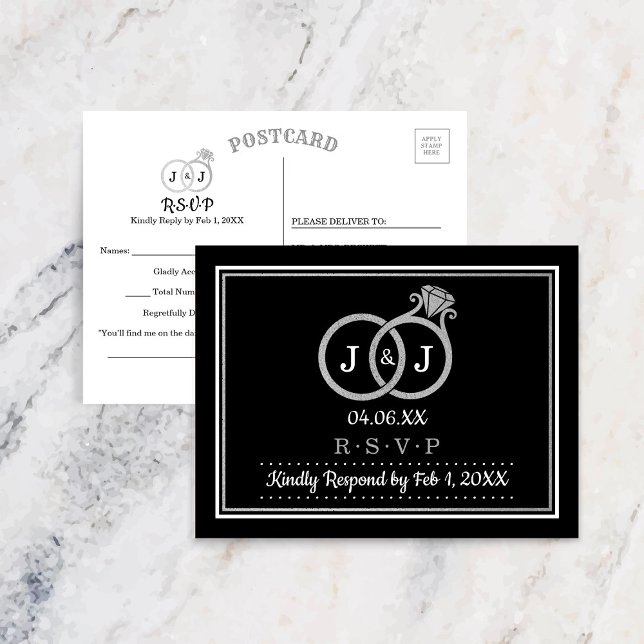 Chic Faux Silver Foil Monogram Wedding Rings RSVP Invitation Postcard (Creator Uploaded)