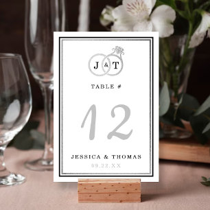 Chic Faux Silver Foil Monogram Wedding Rings Table Number