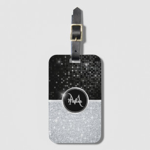 Chic faux Silver Glitter Black Glitter Monogram Luggage Tag