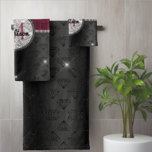 Chic faux Silver Glitter Burgundy Black monogram Bath Towel Set