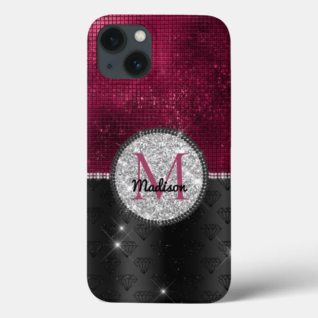 Chic faux Silver Glitter Burgundy Black monogram Case-Mate iPhone Case (Back)