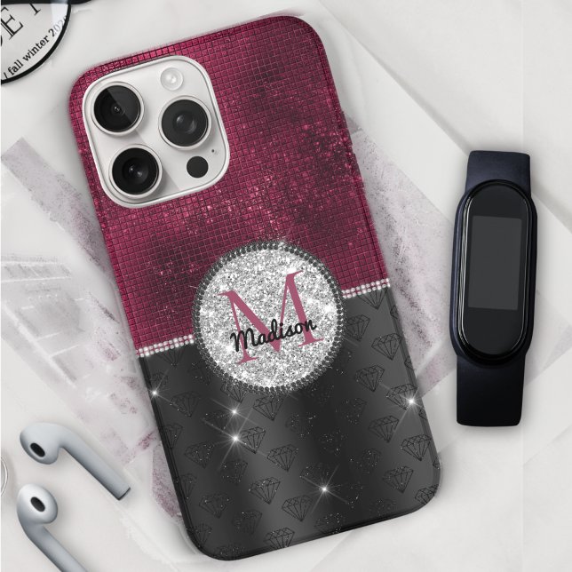 Chic faux Silver Glitter Burgundy Black monogram Case-Mate iPhone Case (Creator Uploaded)