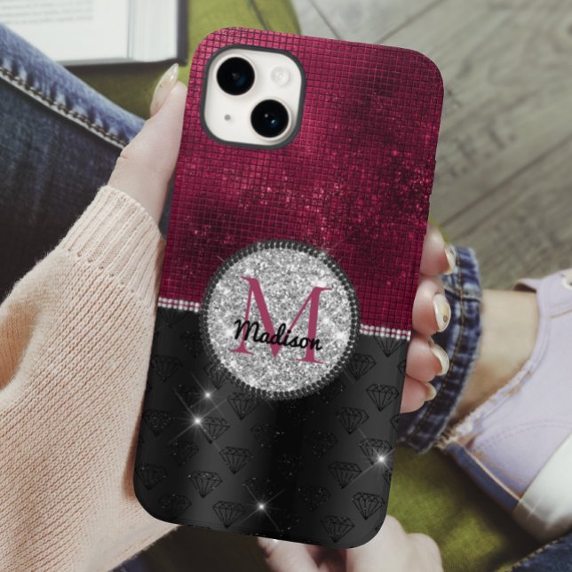 Chic faux Silver Glitter Burgundy Black monogram Case-Mate iPhone Case (Creator Uploaded)