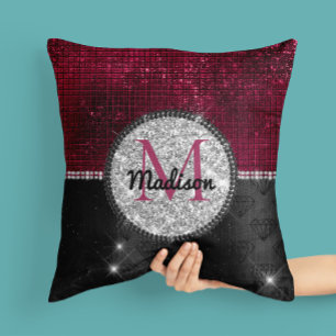 Chic faux Silver Glitter Burgundy Black monogram Cushion