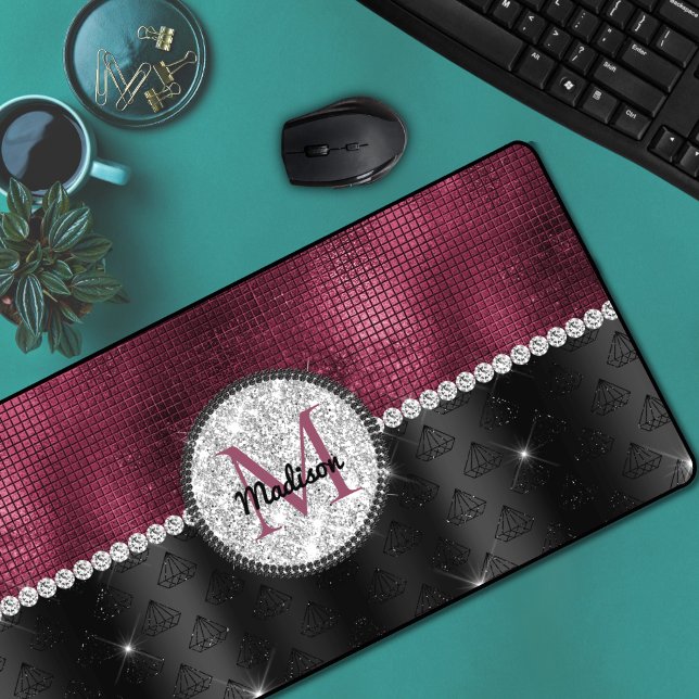 Chic faux Silver Glitter Burgundy Black monogram Desk Mat (Creator Uploaded)