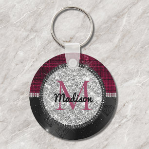 Chic faux Silver Glitter Burgundy Black monogram Key Ring