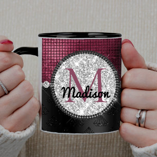 Chic faux Silver Glitter Burgundy Black monogram Mug