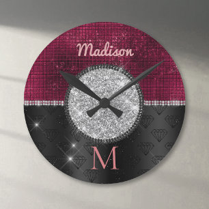 Chic faux Silver Glitter Burgundy Black monogram Round Clock
