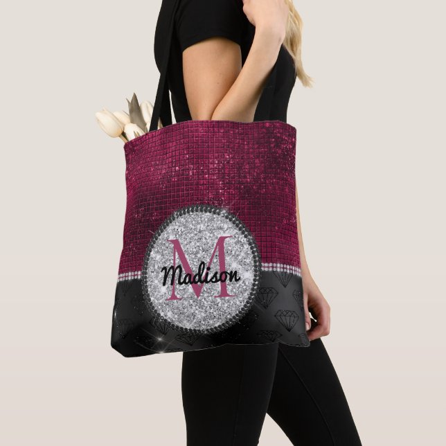 Chic faux Silver Glitter Burgundy Black monogram Tote Bag (Close Up)