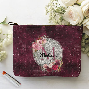 Chic faux Silver Glitter Burgundy Floral monogram Accessory Pouch