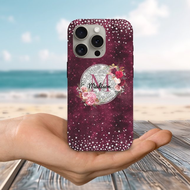 Chic faux Silver Glitter Burgundy Floral monogram Case-Mate iPhone Case (Creator Uploaded)