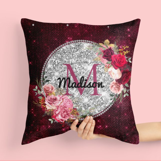 Chic faux Silver Glitter Burgundy Floral monogram Cushion (Creator Uploaded)